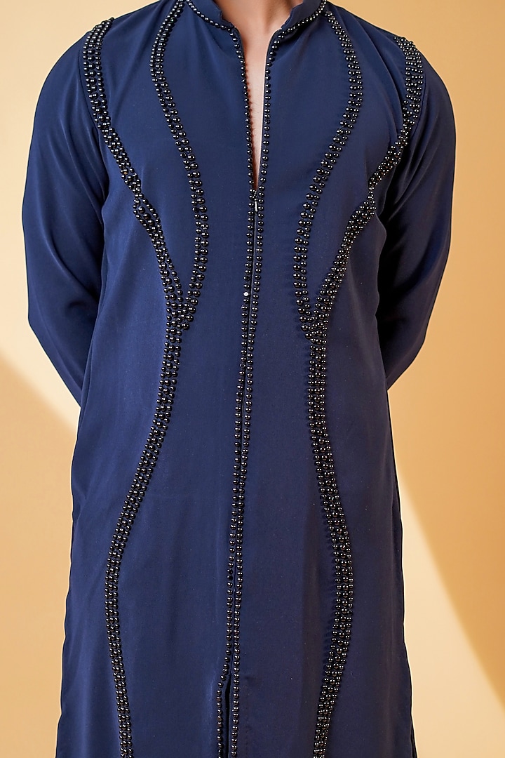Dark Blue Pure Crepe Lycra Beads Hand Embroidered Straight Kurta Set by Menero at Pernia's Pop Up Shop
