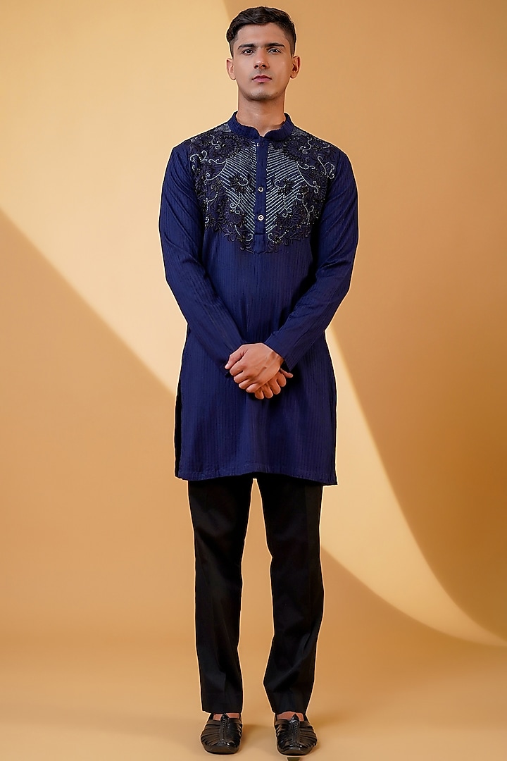 Navy Blue Linen & Pure Cotton Dabka Hand Embroidered Pintuck Kurta Set by Menero