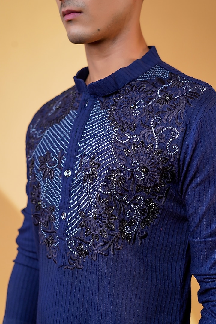 Navy Blue Linen & Pure Cotton Dabka Hand Embroidered Pintuck Kurta Set ...