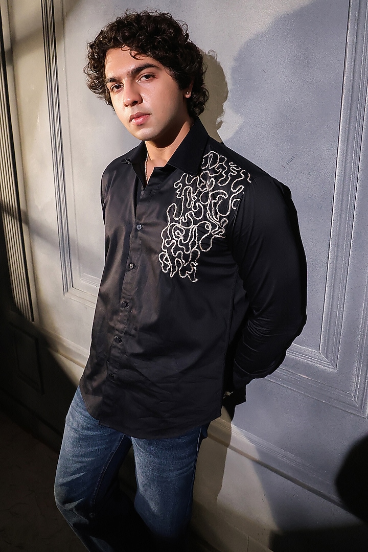 Black Pure Cotton Hand Embroidered Wedding Shirt by Menero at Pernia's Pop Up Shop