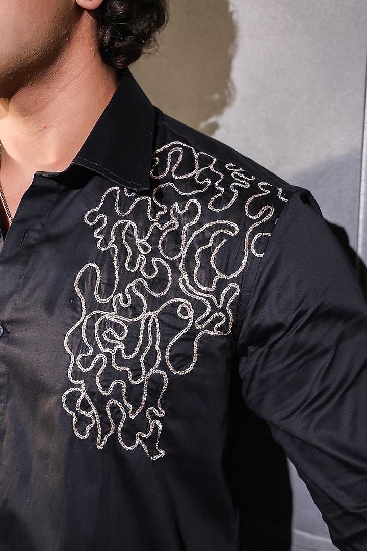 Black Pure Cotton Hand Embroidered Wedding Shirt by Menero at Pernia's Pop Up Shop