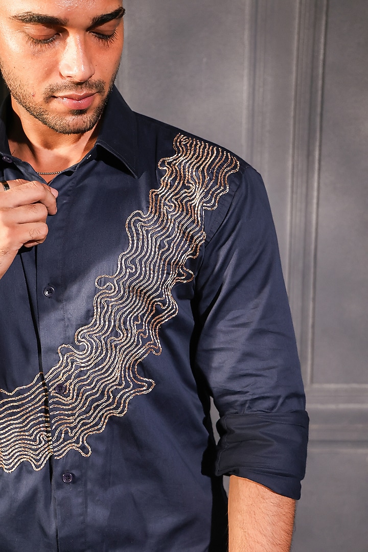 Navy Blue Pure Cotton Hand Embroidered Wedding Shirt by Menero at Pernia's Pop Up Shop