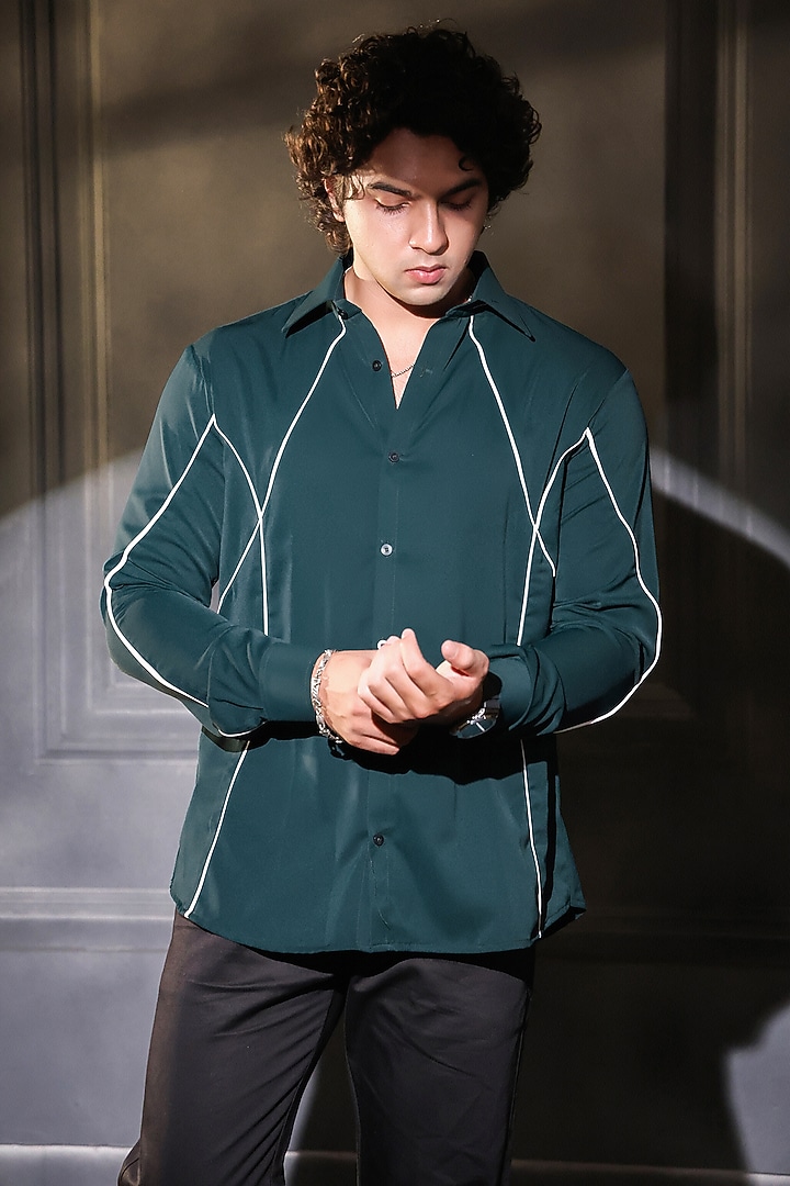 Bottle Green Pure German Crepe Embroidered Wedding Shirt by Menero at Pernia's Pop Up Shop