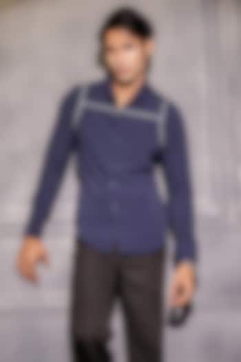 Navy Blue Pure German Crepe Embroidered Wedding Shirt by Menero at Pernia's Pop Up Shop