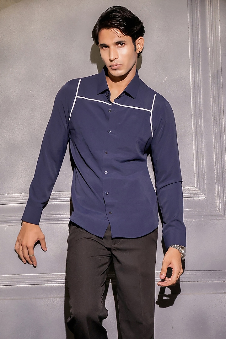 Navy Blue Pure German Crepe Embroidered Wedding Shirt by Menero at Pernia's Pop Up Shop