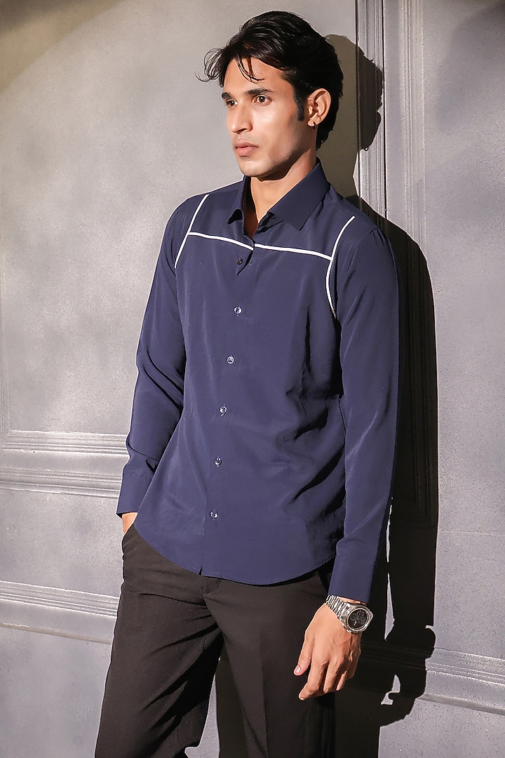 Navy Blue Pure German Crepe Embroidered Wedding Shirt by Menero at Pernia's Pop Up Shop