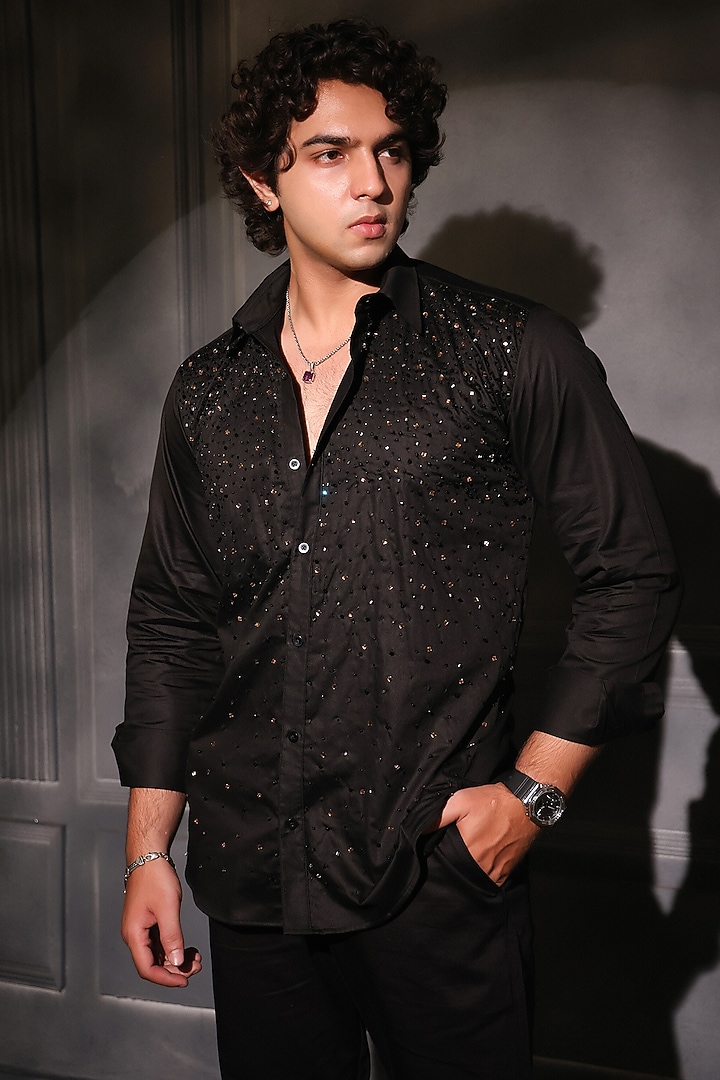 Black Pure Cotton Hand Embroidered Wedding Shirt by Menero at Pernia's Pop Up Shop