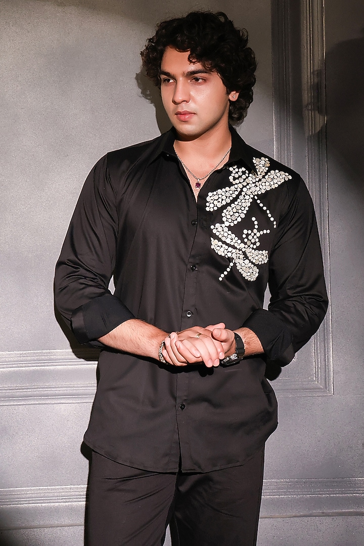 Black Pure Cotton Embroidered Wedding Shirt by Menero at Pernia's Pop Up Shop