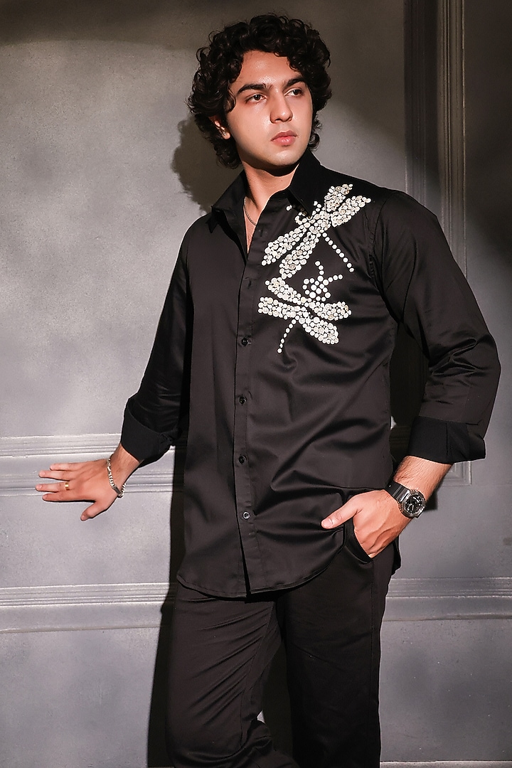 Black Pure Cotton Embroidered Wedding Shirt by Menero at Pernia's Pop Up Shop