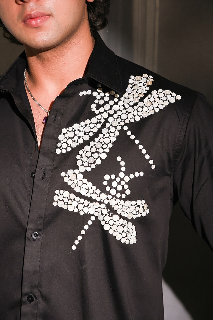 Black Pure Cotton Embroidered Wedding Shirt by Menero at Pernia's Pop Up Shop