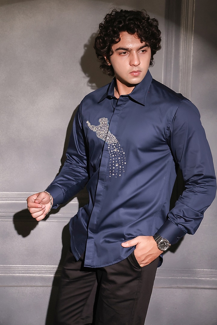 Navy Blue Pure Cotton Embroidered Wedding Shirt by Menero at Pernia's Pop Up Shop