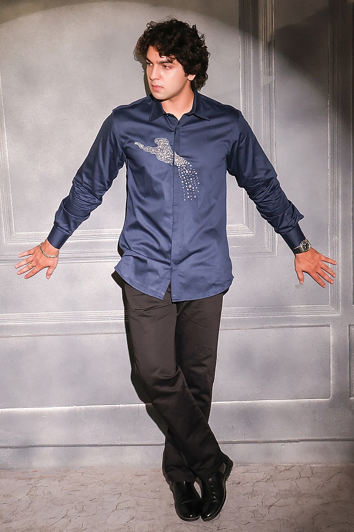 Navy Blue Pure Cotton Embroidered Wedding Shirt by Menero at Pernia's Pop Up Shop