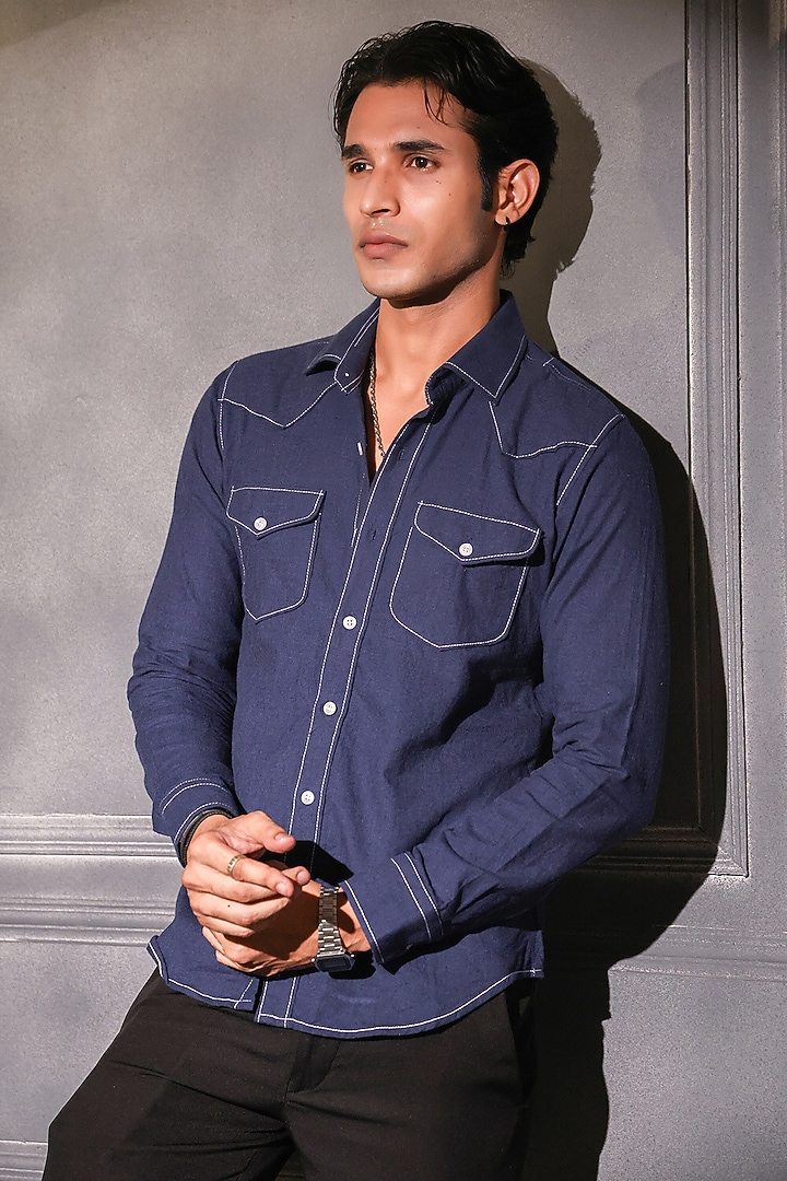 Navy Blue Pure Cotton Denim Embroidered Wedding Shirt by Menero at Pernia's Pop Up Shop