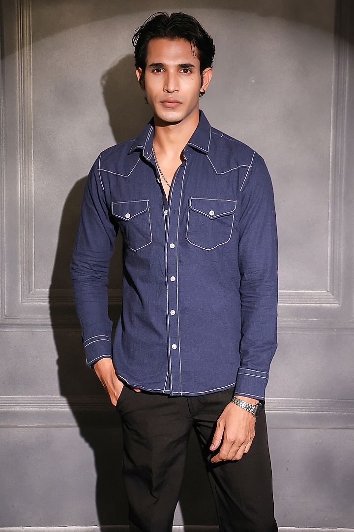 Navy Blue Pure Cotton Denim Embroidered Wedding Shirt by Menero at Pernia's Pop Up Shop