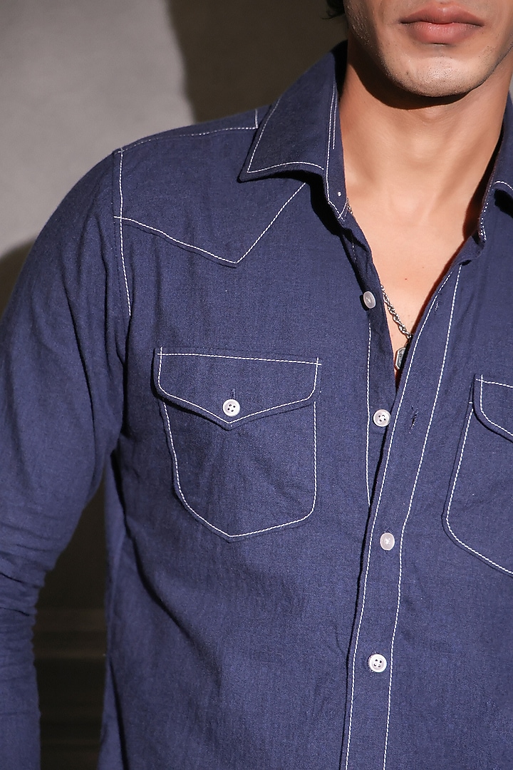 Navy Blue Pure Cotton Denim Embroidered Wedding Shirt by Menero at Pernia's Pop Up Shop