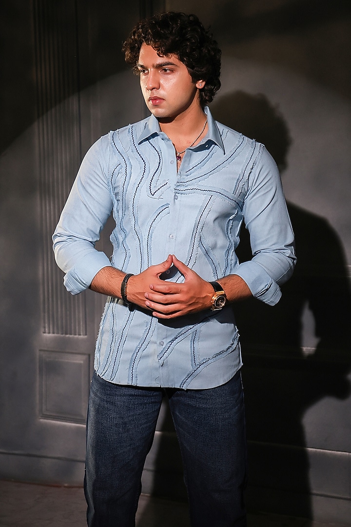 Light Blue Pure Cotton Denim Embroidered Wedding Shirt by Menero at Pernia's Pop Up Shop