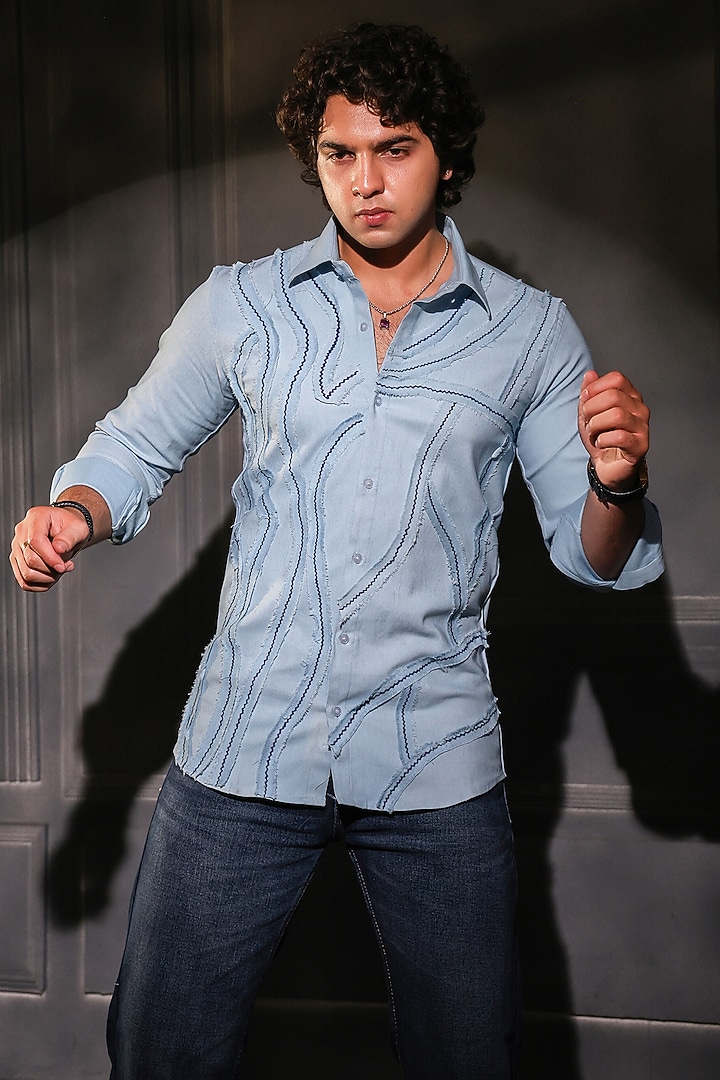 Light Blue Pure Cotton Denim Embroidered Wedding Shirt by Menero at Pernia's Pop Up Shop