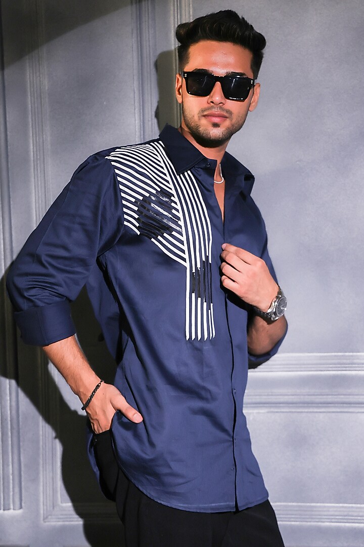 Navy Blue Pure Cotton Embroidered Wedding Shirt by Menero at Pernia's Pop Up Shop