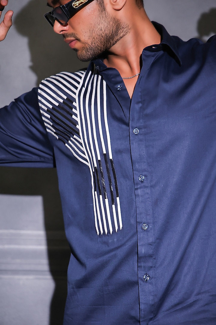 Navy Blue Pure Cotton Embroidered Wedding Shirt by Menero at Pernia's Pop Up Shop