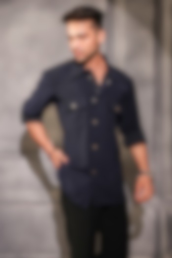 Blue Pure Crepe Lycra & Cotton Wedding Shirt by Menero at Pernia's Pop Up Shop