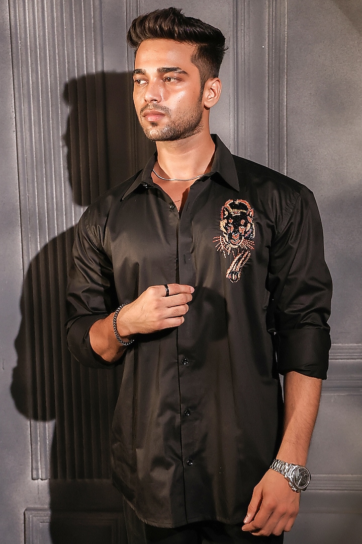 Black Cotton Embroidered Wedding Shirt by Menero at Pernia's Pop Up Shop