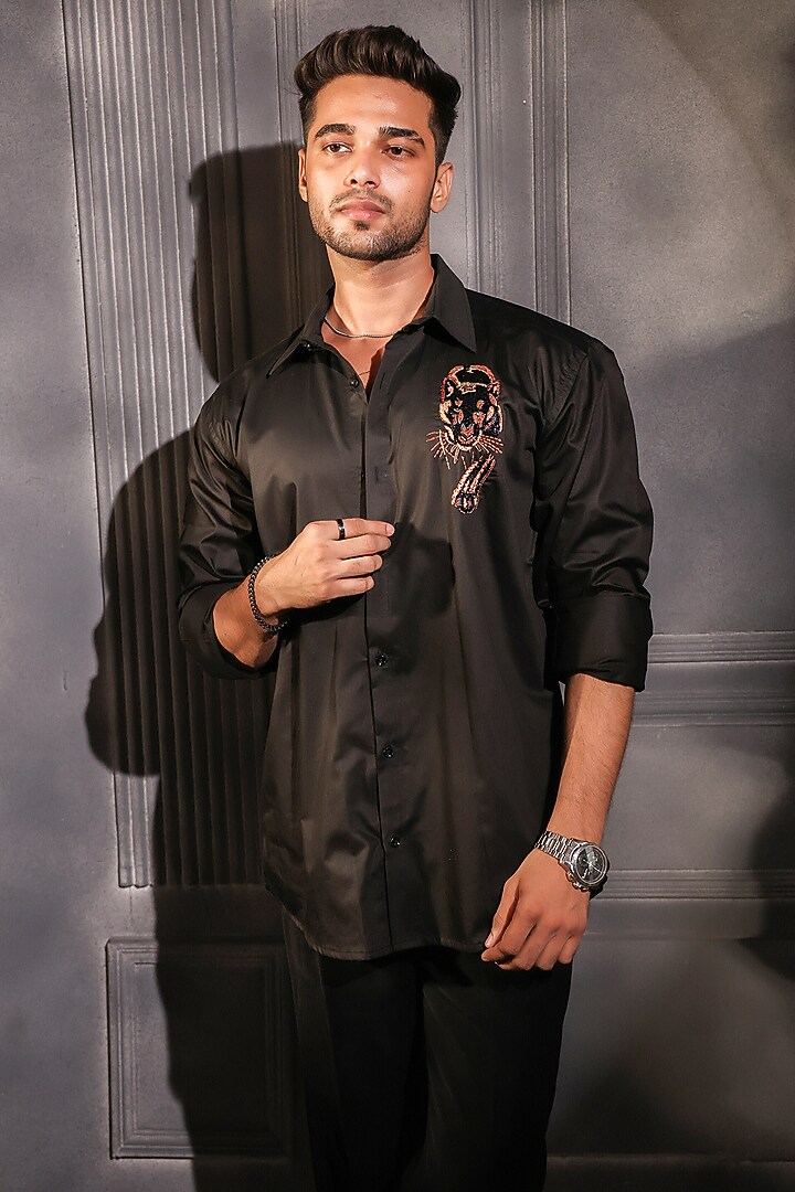 Black Cotton Embroidered Wedding Shirt by Menero at Pernia's Pop Up Shop