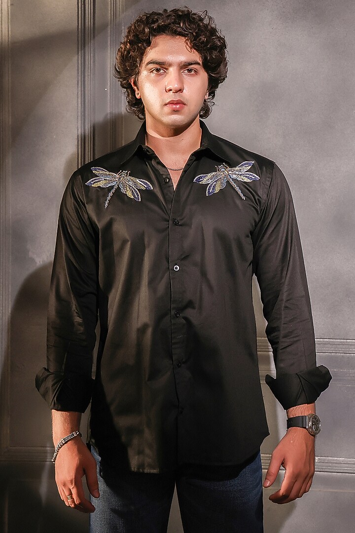 Black Pure Cotton Embroidered Wedding Shirt by Menero at Pernia's Pop Up Shop