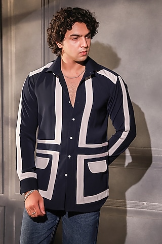 Navy Blue Pure Crepe Lycra Shirt by Menero
