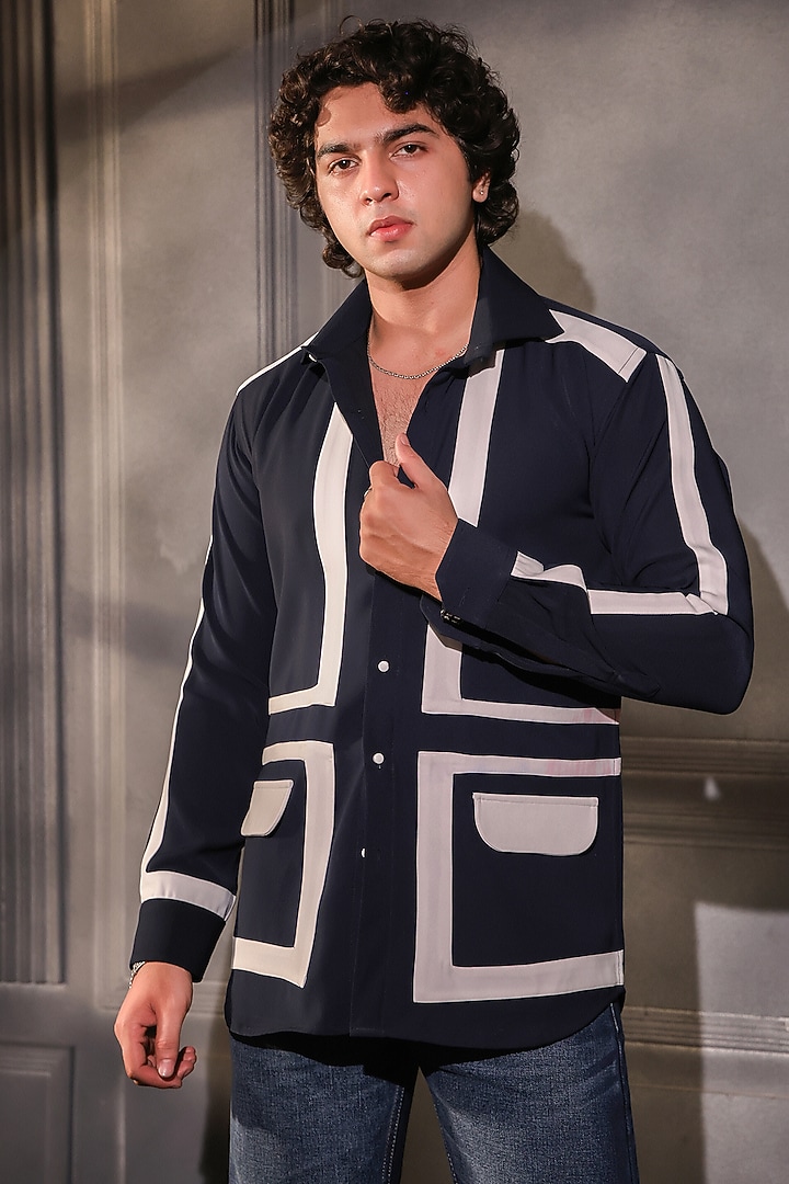Navy Blue Pure Crepe Lycra Wedding Shirt by Menero at Pernia's Pop Up Shop