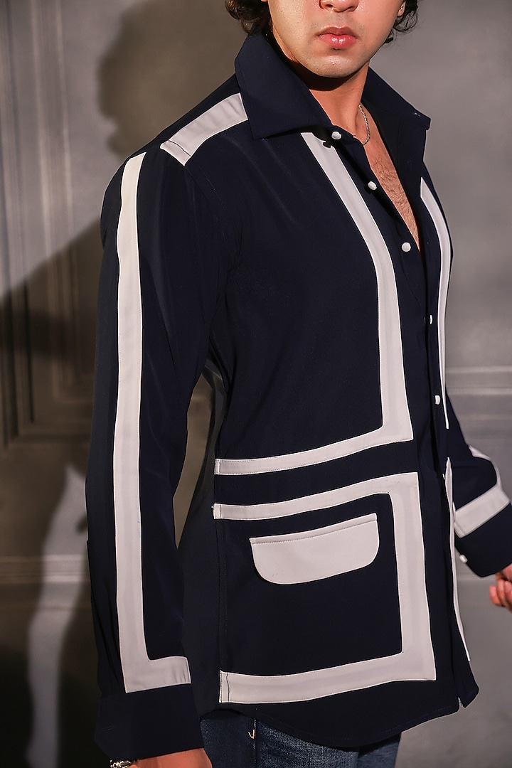 Navy Blue Pure Crepe Lycra Wedding Shirt by Menero at Pernia's Pop Up Shop