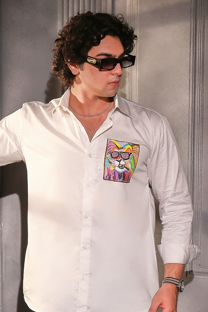 White Pure Cotton Printed Wedding Shirt by Menero at Pernia's Pop Up Shop