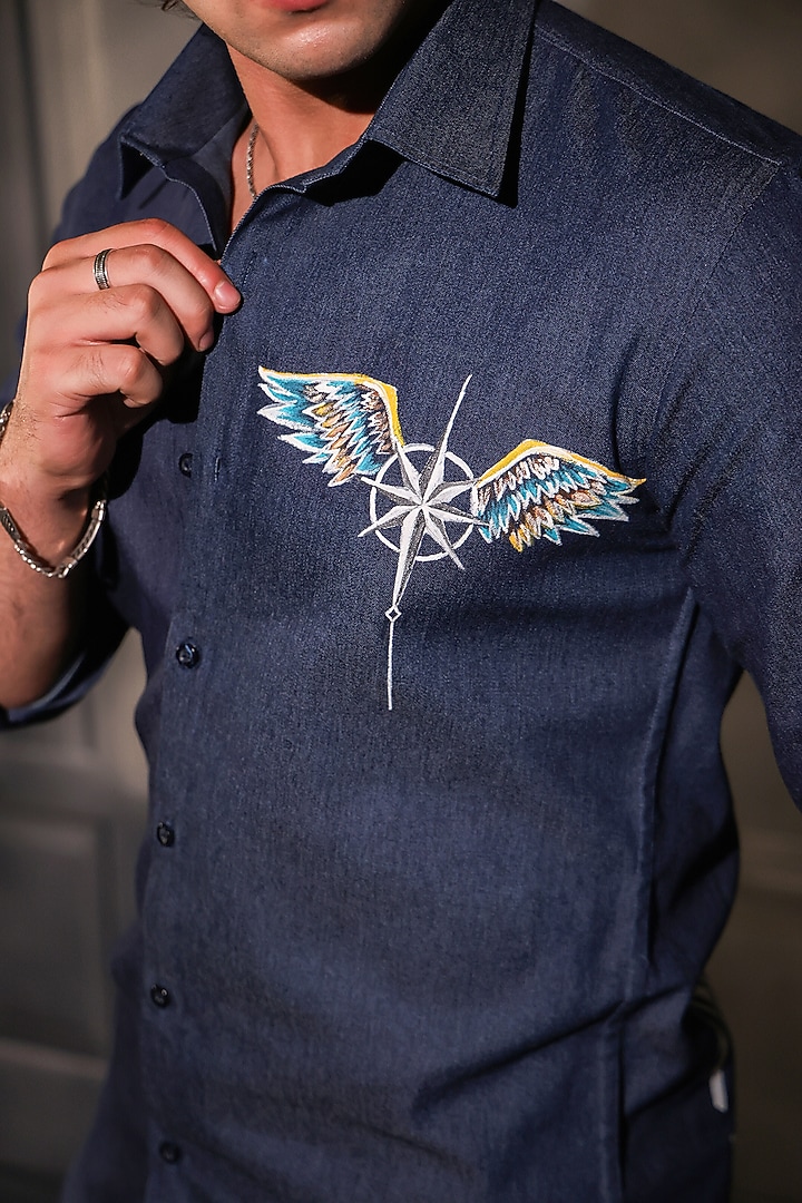 Dark Blue Pure Cotton Denim Embroidered Wedding Shirt by Menero at Pernia's Pop Up Shop