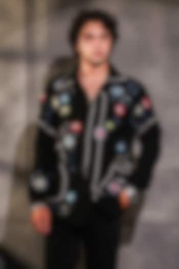 Black Pure Crepe Lycra Embroidered Wedding Shirt by Menero at Pernia's Pop Up Shop