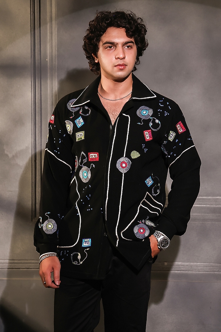 Black Pure Crepe Lycra Embroidered Wedding Shirt by Menero at Pernia's Pop Up Shop