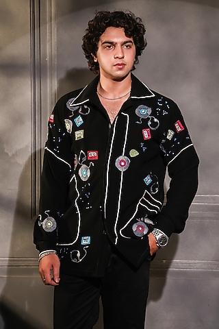Black Pure Crepe Lycra Embroidered Shirt by Menero