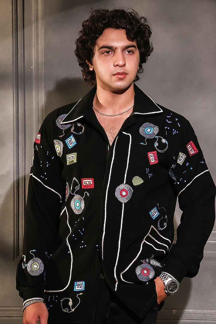 Black Pure Crepe Lycra Embroidered Wedding Shirt by Menero at Pernia's Pop Up Shop
