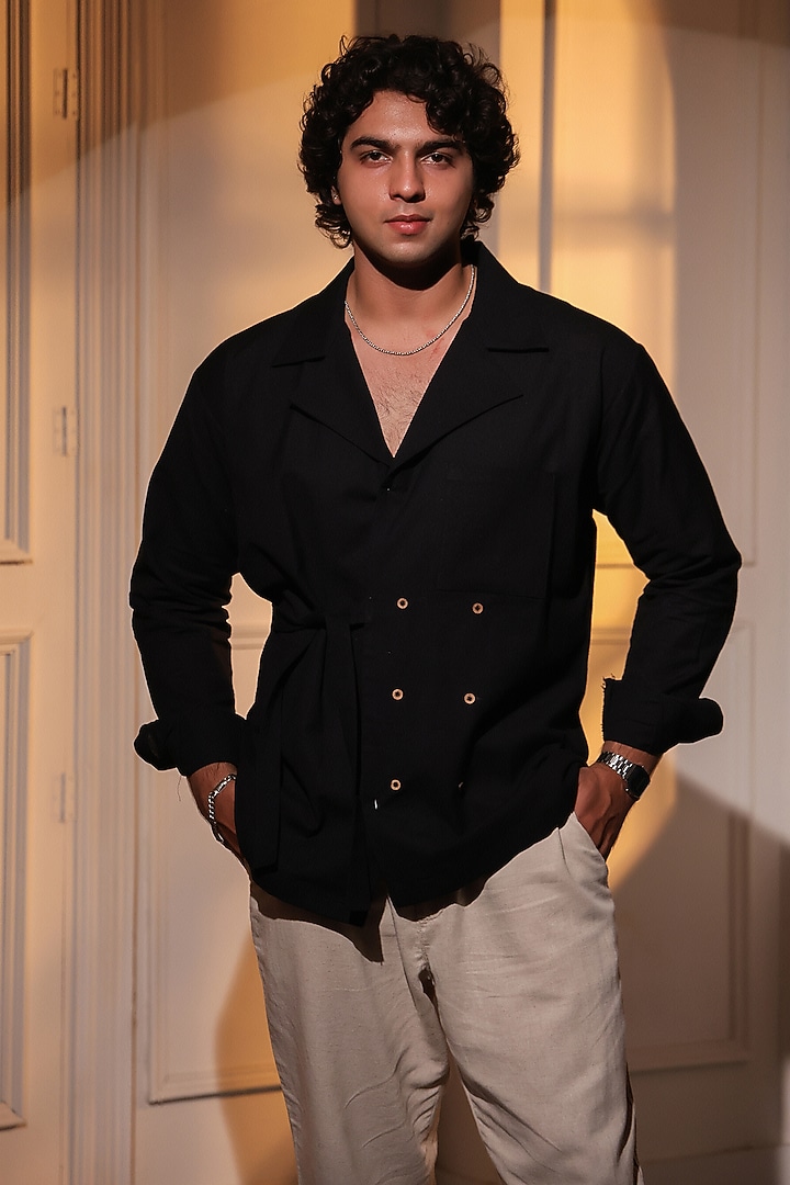 Black Pure Linen Wedding Shirt by Menero at Pernia's Pop Up Shop
