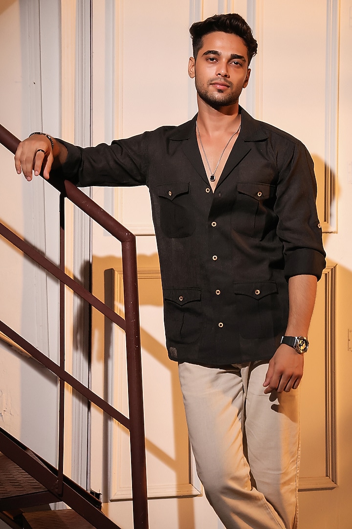 Black Pure Linen Wedding Shirt by Menero at Pernia's Pop Up Shop