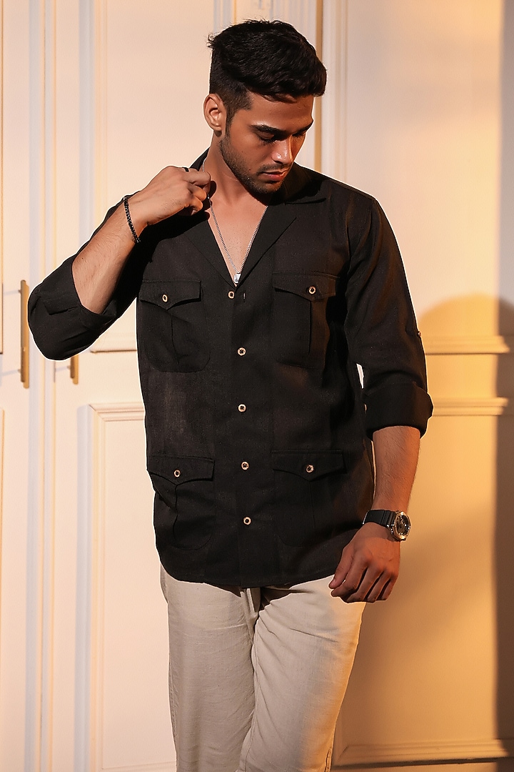 Black Pure Linen Wedding Shirt by Menero at Pernia's Pop Up Shop