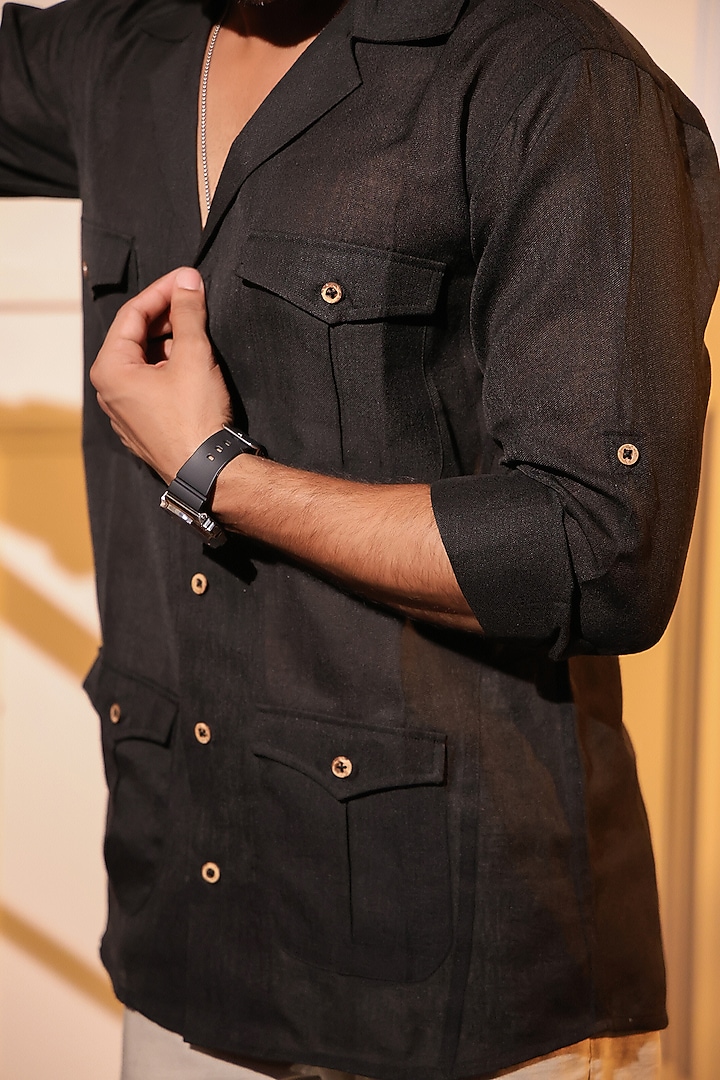 Black Pure Linen Wedding Shirt by Menero at Pernia's Pop Up Shop