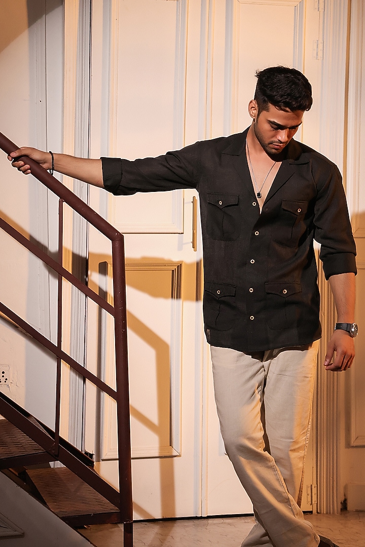 Black Pure Linen Wedding Shirt by Menero at Pernia's Pop Up Shop