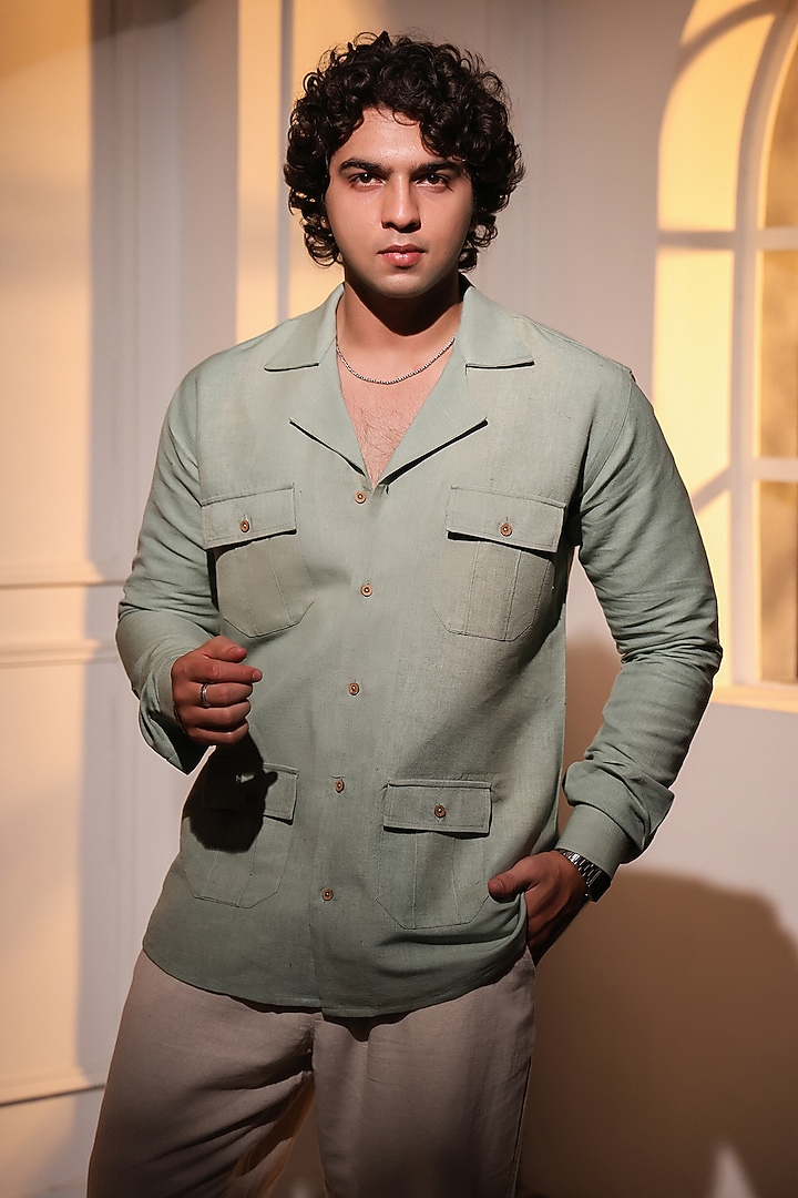 Olive Green Pure Linen Wedding Shirt by Menero at Pernia's Pop Up Shop