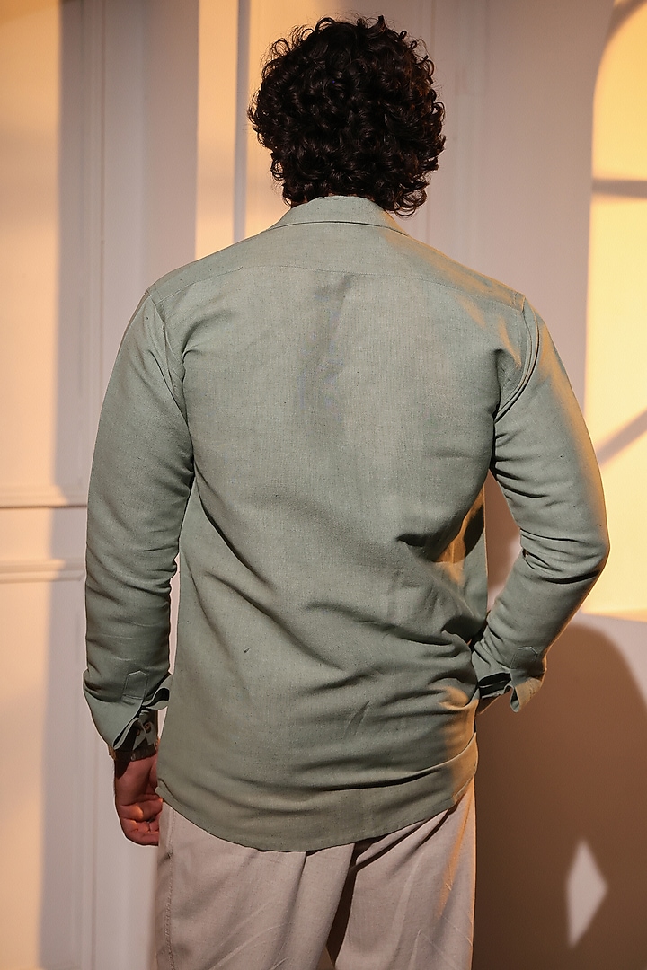 Olive Green Pure Linen Wedding Shirt by Menero at Pernia's Pop Up Shop