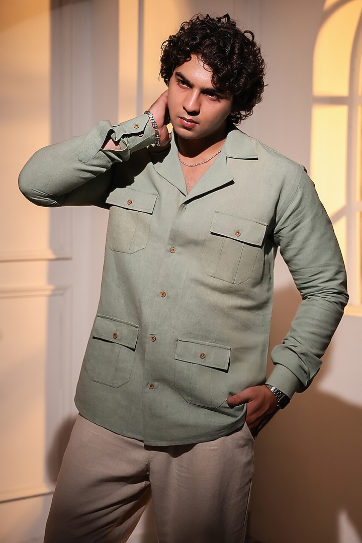 Olive Green Pure Linen Wedding Shirt by Menero at Pernia's Pop Up Shop