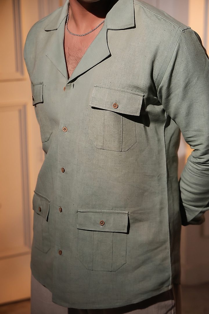 Olive Green Pure Linen Wedding Shirt by Menero at Pernia's Pop Up Shop