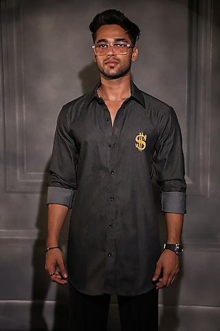 Black Pure Cotton Denim Printed Shirt by Menero