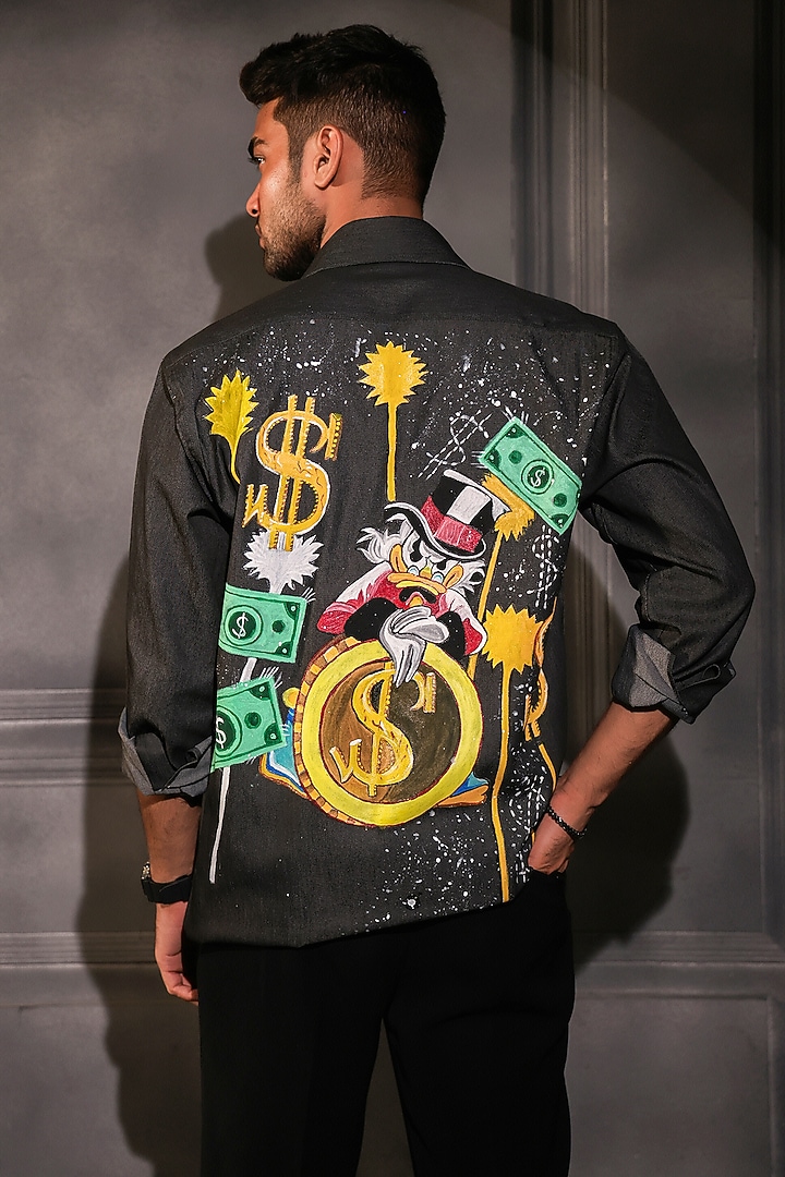 Black Pure Cotton Denim Printed Wedding Shirt by Menero at Pernia's Pop Up Shop