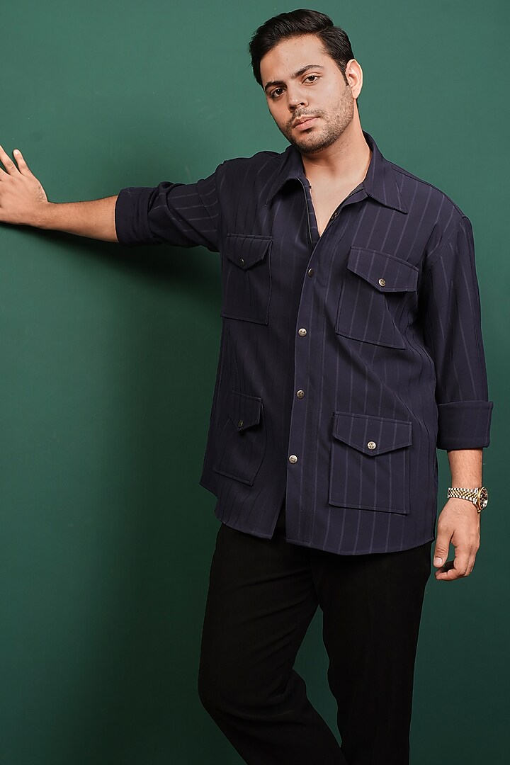 Navy Blue Cotton Party Wear Shirt by Menero at Pernia's Pop Up Shop
