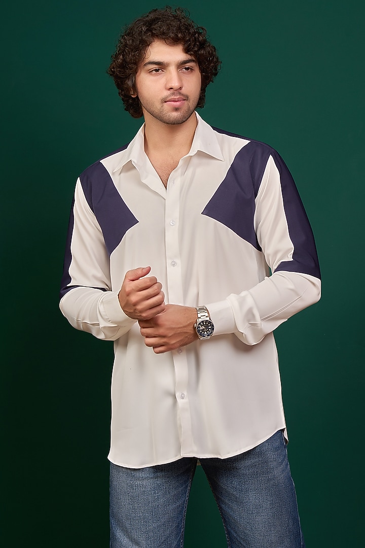 White & Navy Blue Pure German Crepe Party Wear Shirt by Menero at Pernia's Pop Up Shop