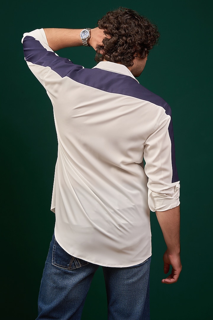 White & Navy Blue Pure German Crepe Party Wear Shirt by Menero at Pernia's Pop Up Shop
